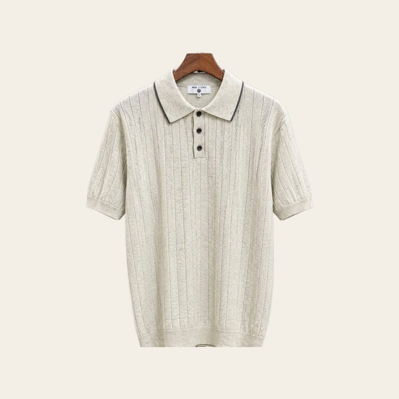 Pointelle knit polo, stone