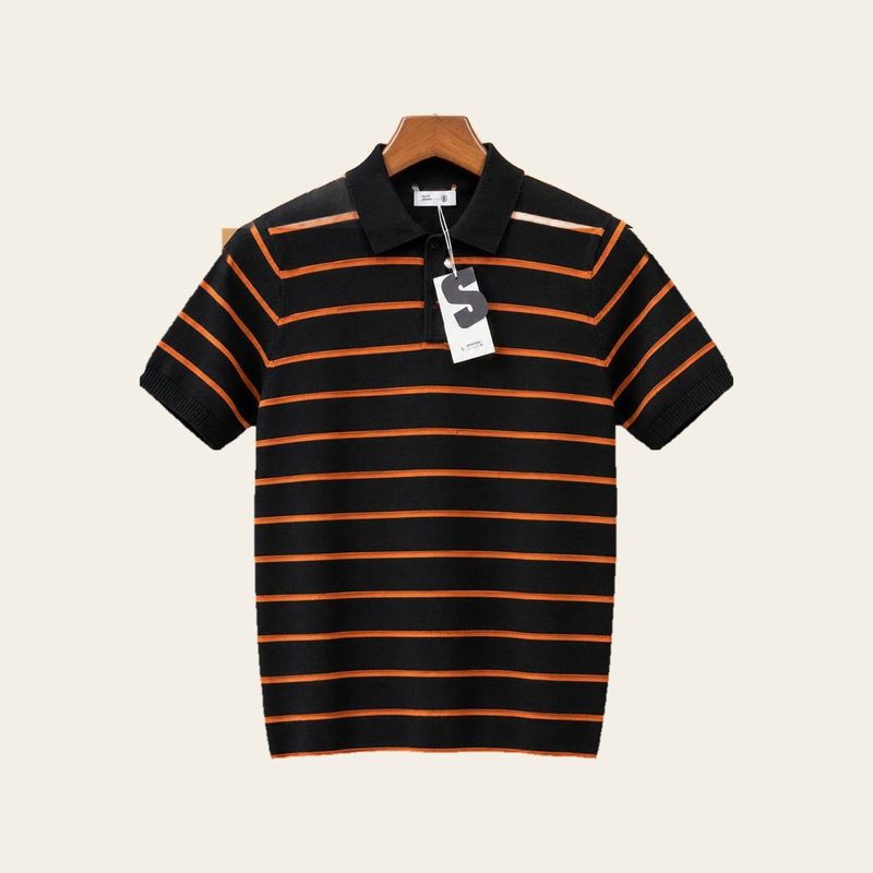 Striped knit polo, black and orange