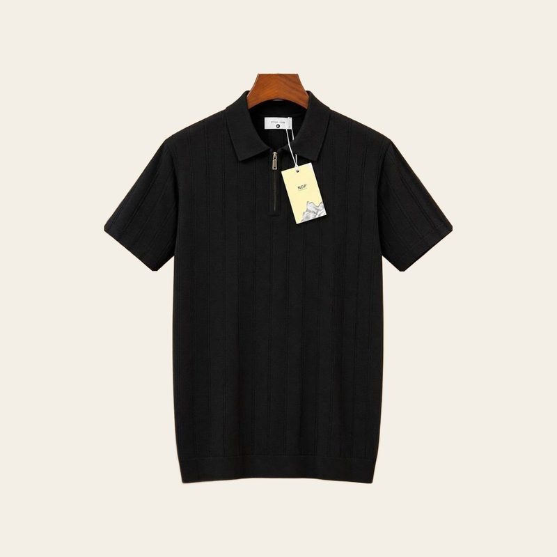 Zip-neck knit polo, black
