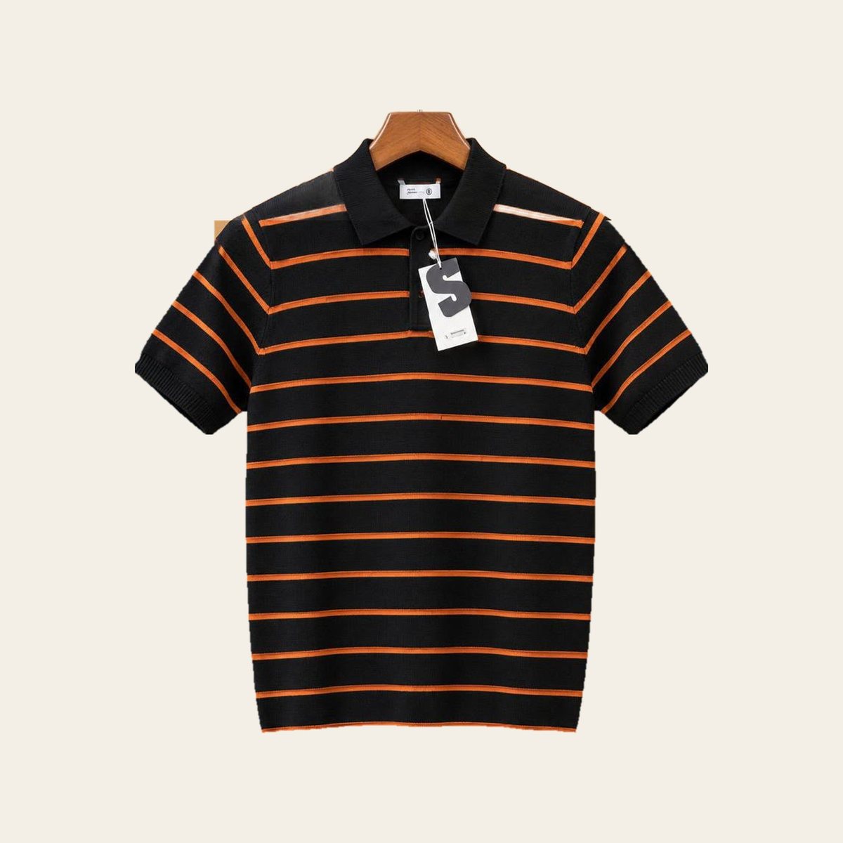 Striped knit polo, black and orange